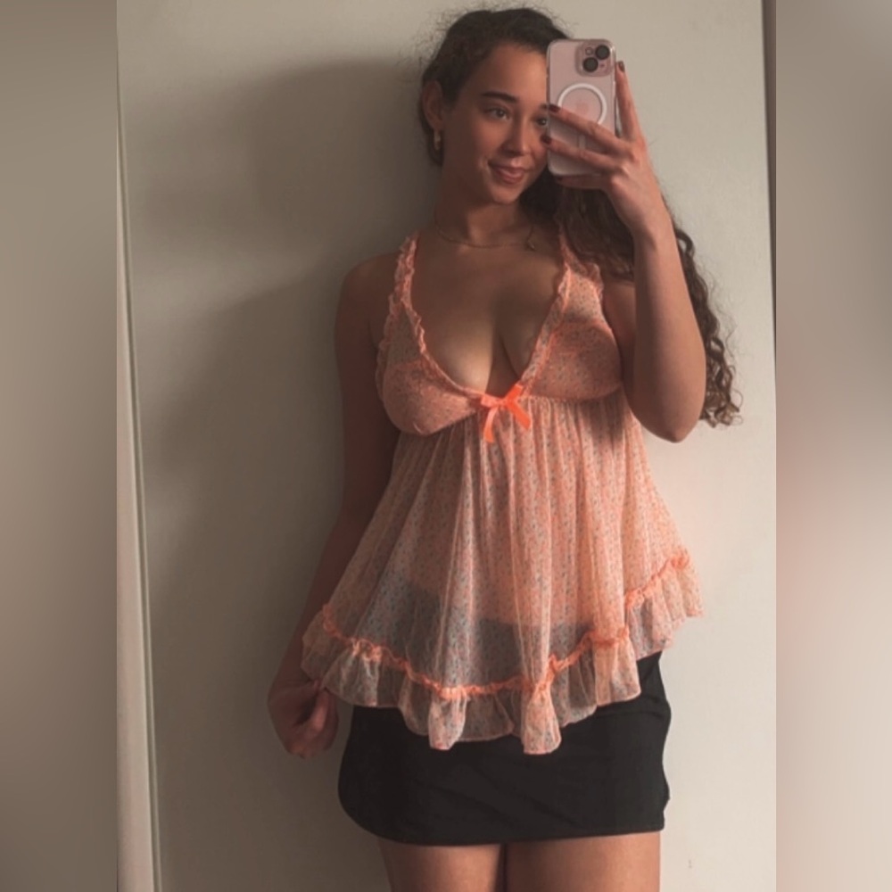 Victoria’s Secret Peek-a-boo Sheer Ruffle Babydoll Cami V Neck Lingerie Tank